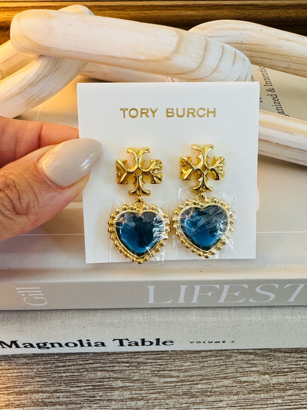Tory Burch Gold & Roxanne Blue Heart Drop Earrings